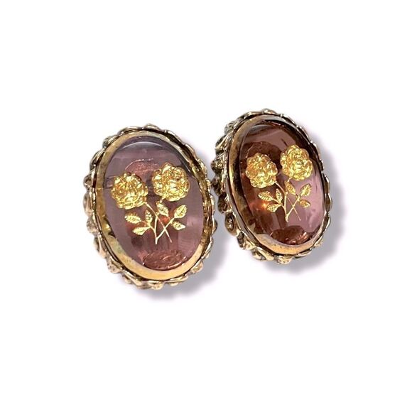 Vintage Whiting & Davis Floral Intaglio Clip Earrings - Picture 3 of 8